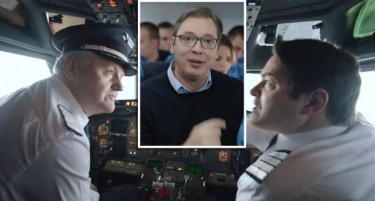 (ВИДЕО) Пилоти се тепаат, авион паѓа, патници врескаат: Првиот спот на Вучиќ за претседателската кампања