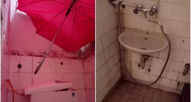 БИТОЛСКАТА БОЛНИЦА ПРЕД РАСПАЃАЊЕ: Неосветлени тоалети, ѓубре и најужасно-чадор во тоалет за да не капат фекалии врз пациентите