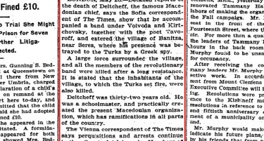 Весникот NY Times од 26 Мај 1903 - Убиен е Македонскиoт лидер Делчев!
